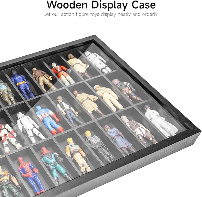Wooden Display Case for 3.75 inch Action Figures, Wall Mounted 36 Compartments Collectors Showcase,Fit for 1/18 Scale Star Wars / GI Joe / Marvel Action Figure Toy Black