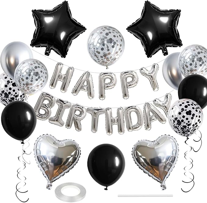 27 Pcs Silver Black Birthday Decorations, 3D Letters Silver Happy Birthday Balloon Banner, Pentagram Heart Foil Balloons Confetti Balloons Kit For Boys Girls Party Supplies