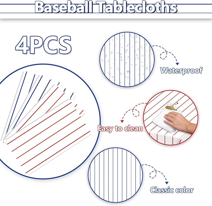 4 Pcs Disposable Baseball Tablecloths, Waterproof Plastic Stripe Table Covers for Baseball Birthday Decorations, 51 x 86 inches