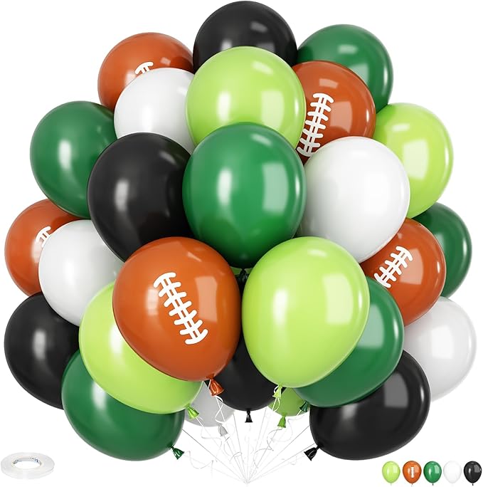 Football Balloons, 12 Inch Football Party Balloons, Dark Green and Black Balloons White and Brown Football Printed Latex Balloons for Boys Birthday Touch Down Rugby Sport Theme Party Decor