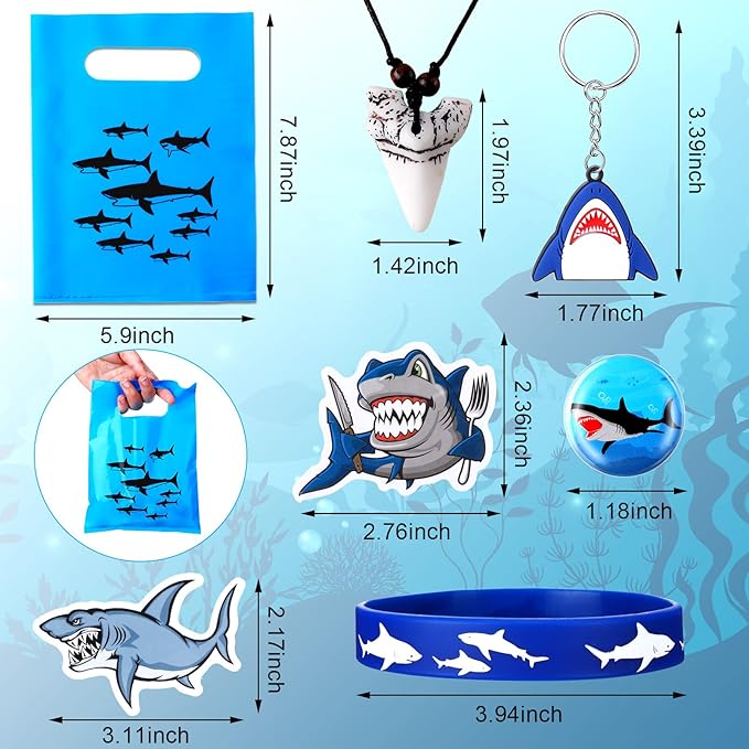 Jerify 110 Pcs Shark Party Favors Keychains Tooth Necklaces, Silicone Bracelet Wristbands Button Pins Gift Bags and Stickers for Birthday Shark Party Supplies Ocean Sea