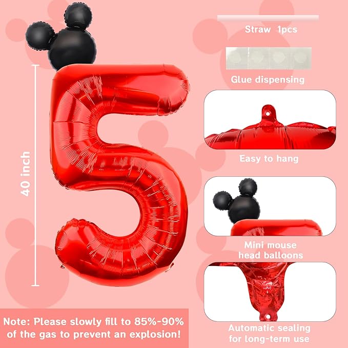 40 Inch Mouse Number 5 Balloon Mini Mouse Head Balloon, Black Red Number 5 Balloon, Mouse Clubhouse Birthday Balloon for 5th Birthday Party Baby Shower Anniversary Supplies