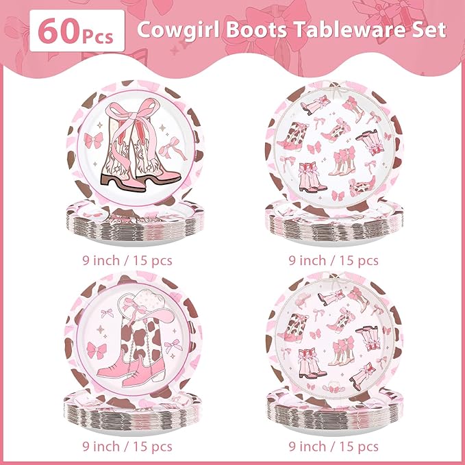 60Pcs Coquette Cowgirl Birthday Party Decorations 9" Western Bow Cowgirl Plates Disposable Pink Bows Rodeo Bachelorette Tableware for Western Cowgirls Themed Birthday Baby Shower Party Supplies