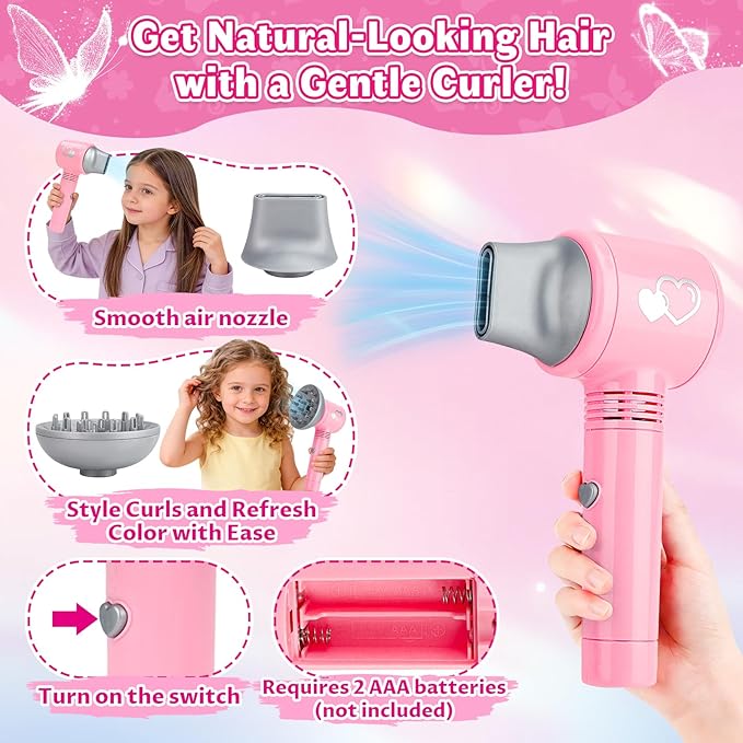 deAO Hair Salon Toys for Girls Beauty Salon Set Kids Pretend Hair Styling Set with Hairdryer, Mirror, Curling Iron and Stylist Accessories for Toddler Makeup Party Christmas (Fake Makeup)