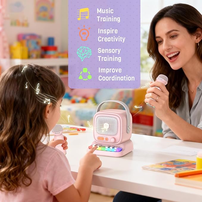 Mini Karaoke Machine with Colorful 7 Piano Keys,Top Christmas Birthday Gifts for 3 4 5 6 7 8 9 10 11 12+ Years Old, Portable Bluetooth Speaker with Wireless Microphone,Boys and Girls Gift-Pink