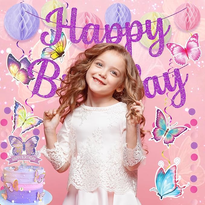 Birthday Decorations Set, Butterfly Happy Birthday Banner Party Supplies with Happy Birthday Banner, Honeycomb Balls, Butterfly Hanging Swirls for Girls Birthday
