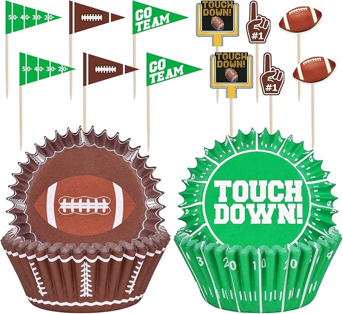 Football Party Supplies: 96-Count Football Cupcake Liners & 96pcs Cupcake Toppe -Game Day, Birthday, and Tailgate Parties - Premium Football Cake Decorations - Football Party Favors