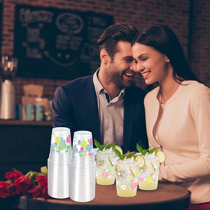 100 Pcs Color Heart Theme Plastic Cups,12oz Valentine's Party Drinking Cup Romantic Heart Valentines Disposable Clear Cups for Anniversary Wedding Valentine's Party