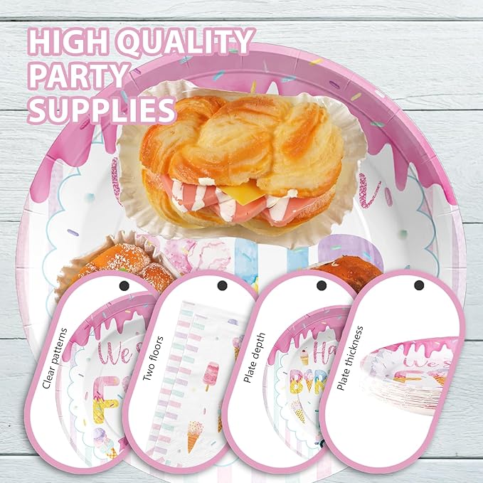 Grencian 96 Pcs Ice Cream Birthday Party Decorations 4th Birthday Plates for Girls Ice Cream 4th Party Supplies Disposable Pink We Scream Four Paper Plate for Four Year Old Sweet Four Kids Girls