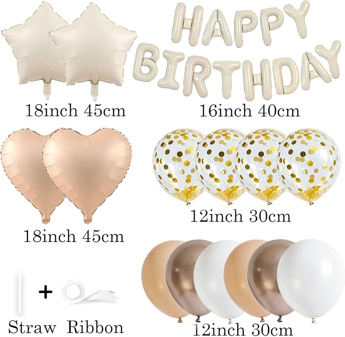 27 Pcs Beige Birthday Decorations, 3D Letters Beige Happy Birthday Balloon Banner, Pentagram Heart Foil Balloons Confetti Balloons Kit For Boys Girls Party Supplies