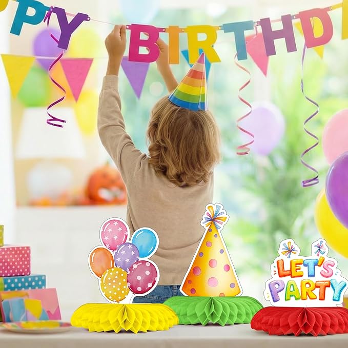 Horaldaily 10PCS Birthday Party Table Decoration Centerpieces, Colorful Cupcake Balloons Sign Honeycomb Centerpieces Table Toppers for Home Classroom School Boys Girls Baby Shower Birthday Supplies