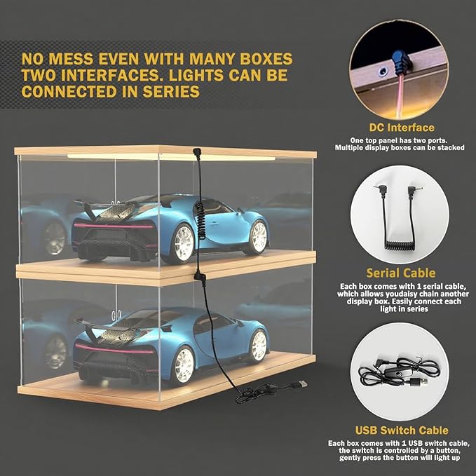Nynelly Lighted Acrylic Display Case for Collectibles, Clear Display Box for Lego 42096 42143 42083, 1/8 Scale Model Car Display Case, Assemble Dustproof Countertop Showcase, 23.6x11.8x7.8in