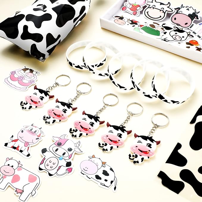Chunful 148 Pcs Cow Party Favors Include Cow Print Gift Bag Cute Keychain Elastic Silicone Bracelets Animal Stickers for Birthday Party Supplies