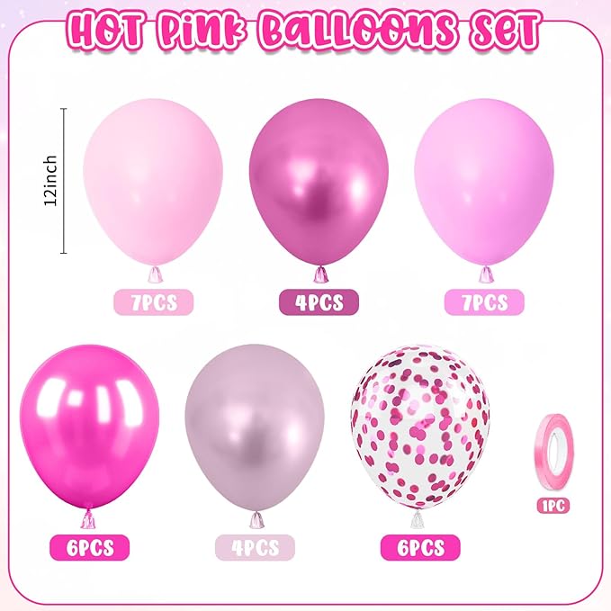 Hot Pink Balloons Set,Metallic Pink Balloon,12 Inch Chrome Magenta Dark Pink Confetti Balloon for Valentine's Day Birthday Baby Shower Wedding Princess Party Decoration