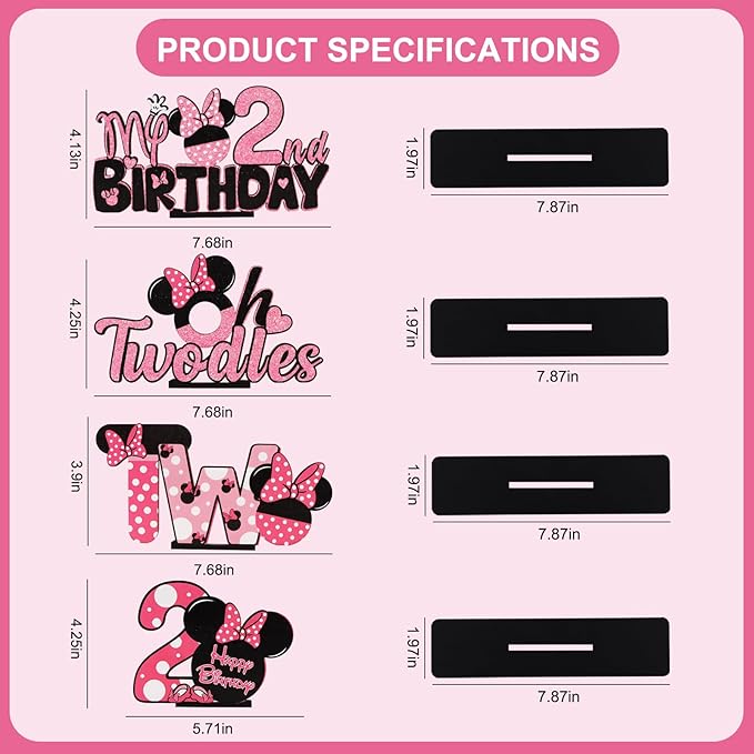 TONIFUL Pink Mouse 2nd Birthday Party Supplies 2nd Table Centerpieces Pink Mouse Theme Design Sturdy Wooden for Girl TWO Years Old Birthday Favors 2nd Birthday Party Decorations(4 Pcs)