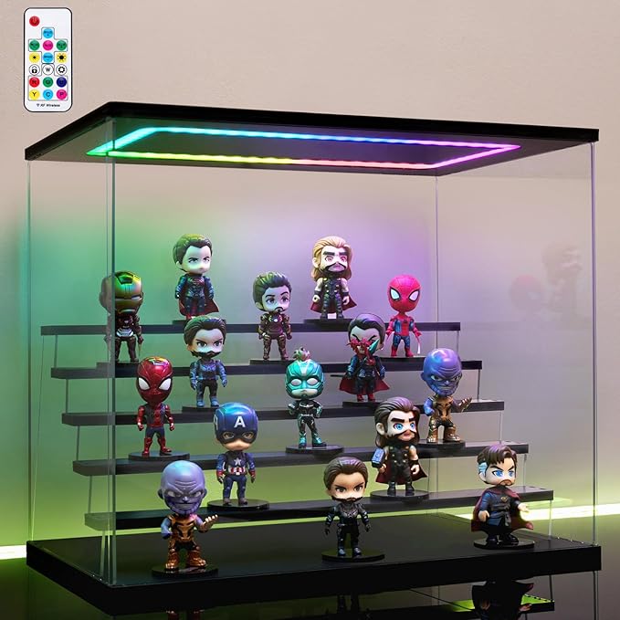 Clear Acrylic Display Case with Light , 6 Tier Multiple Color Lights Display Box Stand Assembly Dustproof Protection Showcase for Collectibles Action Figures (Black 6 Tier L 19.7*12.6*16.5in)