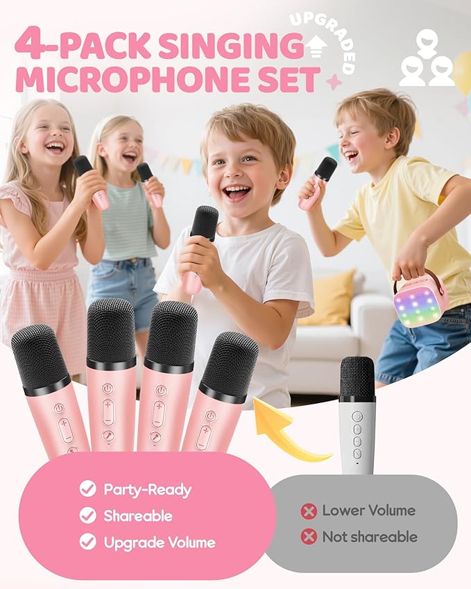 Upgraded Mini Karaoke Machine with 4 Wireless Microphones Toy for Kids, 2026 Top Birthday Gifts for Girls Boys, Portable MP3 Player for Ages 3, 4, 5, 6, 7, 8, 9, 10, 11, 12+ Year Old Party (P-Ink)