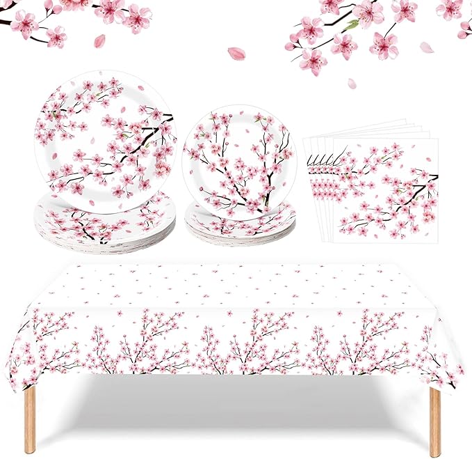 Zhehao 101 Pcs Cherry Blossom Party Tableware Set Cherry Blossom Party Supplies Includes 50 Pcs Paper Plates, 50 Pcs Napkins and 1 Tablecloth for Birthday Baby Bridal Shower Party Decorations