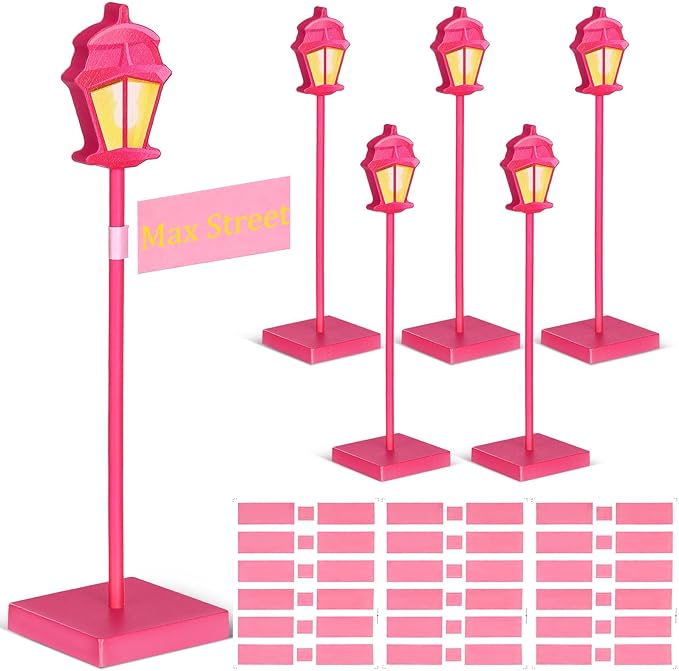6 Pcs Street Sign Lamp Post Centerpiece Wooden Lamp Post with Street Party Sign Sticker for Toy Decor Friend Birthday Party Supplies Decoration(Pink)