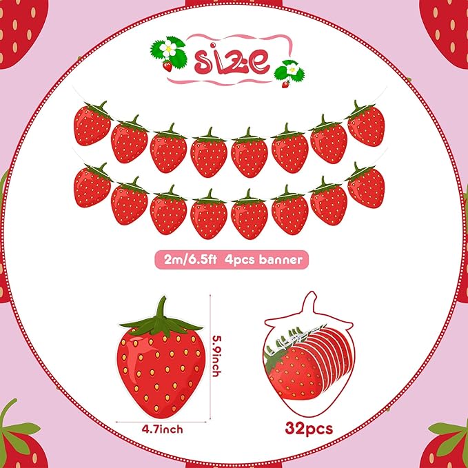 Lewtemi 4 Packs Strawberry Garland Decoration, Strawberry Party Supplies for Berry First Birthday, Baby Shower, Summer Picnic, Fruit Theme Party, Hanging Banner for Wall, Table, Photo Booth(Red)