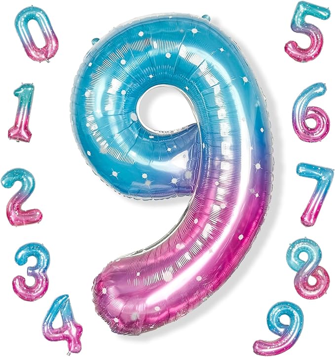 Mermaid Starry Number 9 Balloons, 40 Inch Large Purple Blue Pink Foil Number Balloons Set 0-9 for Girls, Globos de Numero 9 Helium Balloon for 9th Age Birthday Anniversary Party Decorations Supplies