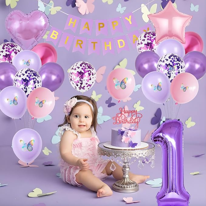 1st Birthday Decoration for Girls,Pink Purple 1st Birthday Balloon Number 1 Balloon with Butterfly Stickers Star Heart Foil Balloons Banner for Baby 1 Year Old Party Decor