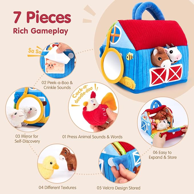 hahaland Baby Toys 6-12 Months - Surprise Barn with Stuffed Farm Animals with Real Sounds - Montessori Toys for 6 Month Old Baby 1 Year Old Boy Girl Gifts Toddlers Sensory Toy Easter Basket Stuffers