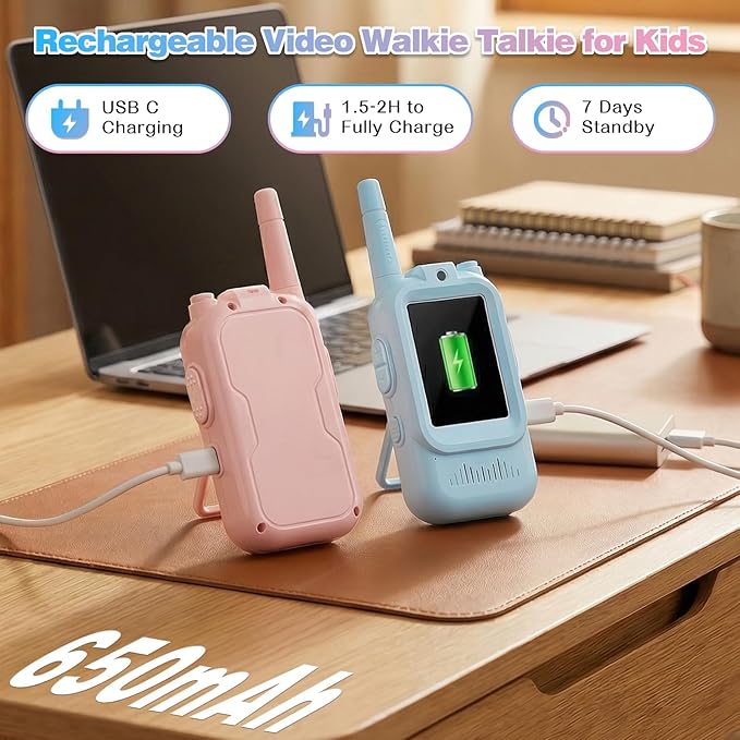 Kids Video Walkie Talkie Set, Handheld Rechargeable Video Walkie-Talkie Toy, 1000-Foot Communication Range, Fun Toy for Indoor/Outdoor Play, Camping, Hiking, Travel for Children Ages 3-12 (Blue/Pink)