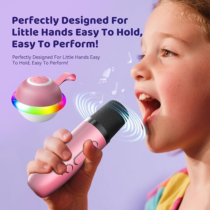 Mini Karaoke Machine for Kids with 2 Wireless Microphones, Portable Bluetooth Speaker Gift for Girls Toys 4, 5, 6, 7, 8, 9, 10, 12+ Years, LED Lights Chritmas Birthday Festival for Party, Home(Pink)