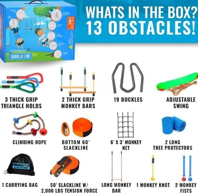 Ninja Warrior Obstacle Course for Kids – 2 x 60 ft Slacklines with 13 Weatherproof Obstacles – Includes Bottom Line, Traverse Rings, Monkey Net – Supports 880 lbs – Easy Setup on Trees or Posts