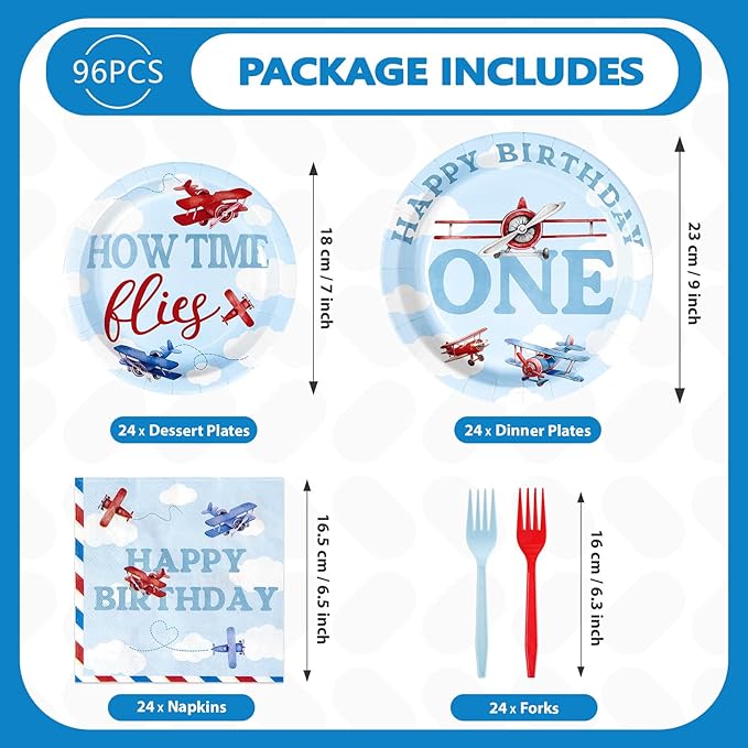 96Pcs Airplane 1st Birthday Decorations for Boys Red & Blue Airplane First Birthday Plates and Napkins Sets How Time Flies Party Decorations for Girls Baby Shower One Years Old Supplies Serve 24