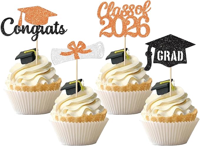 Black and Orange Graduation Cupcake Toppers Decorations Class of 2026 Cupcake Topper Graduation Cup Cake Picks Congrats Grad Party Decor Supplies Set of 24