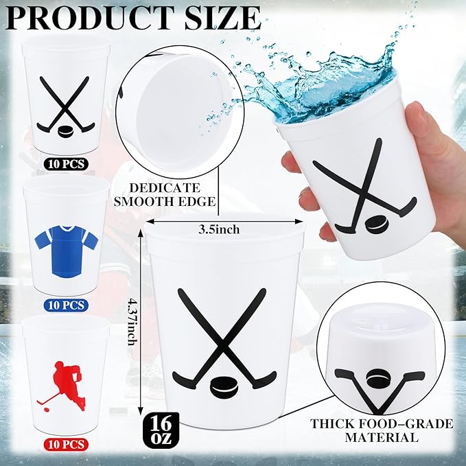 Zhehao 30 Pcs Sport Ball Plastic Cups Hockey Football Basketball Plastic Reusable Drink Cups Bulk 16 oz Stadium Tumbler Stackable Sports Tumbler for Sport Party Supplies(Hockey,White)