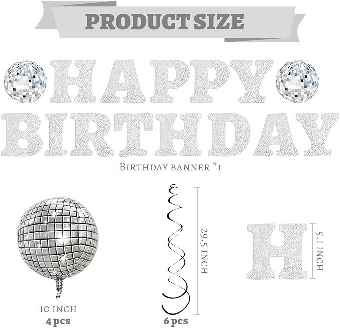 FBQ Silver Disco Happy Birthday Banner 4D Sphere Disco Balloon Hanging Swirls Black 70s 80s 90s Disco Themed Hippie Party Birthday Party Decorations Shower