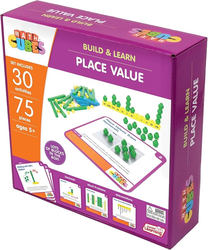 Junior Learning: Mathcubes - Place Values - 30 Activity Set, Build & Learn, Blocks & Boards Hands On Math, Developmental & Education Set, Kids Ages 4+