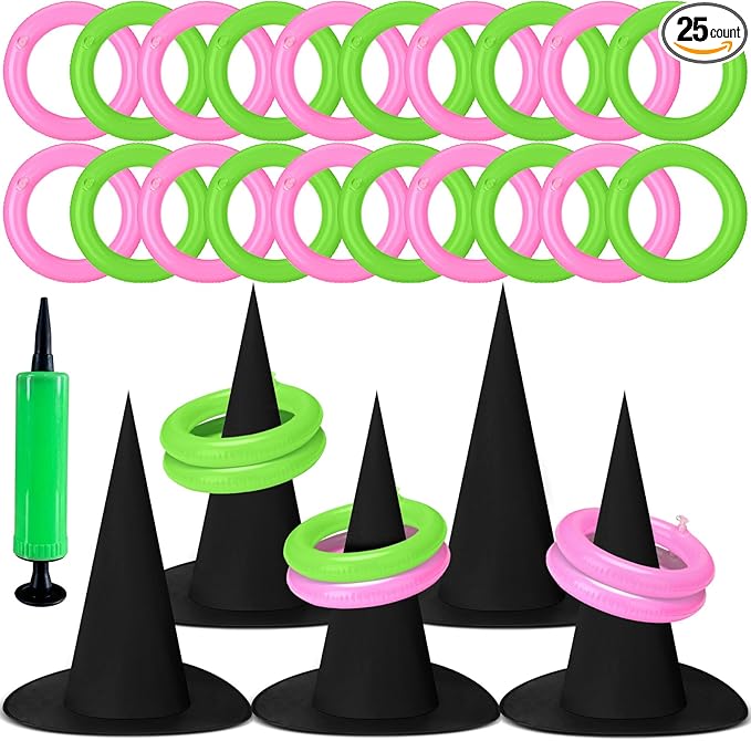 Leitee 25 Pcs Witch Hat Ring Toss Games Set Halloween Party Favors Pink and Green Party Decorations 5 Black Oxford Fabric Wizard Hats with 20 Inflatable Rings for Girls Women Birthday Movie