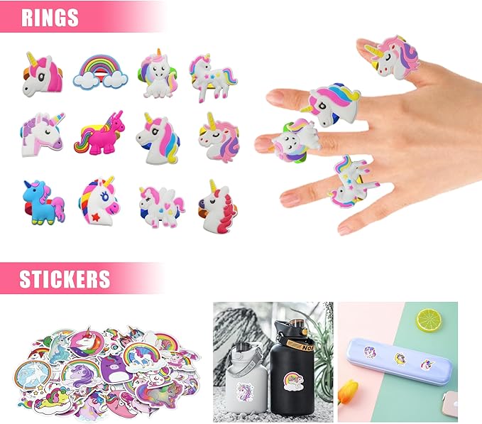 Unicorn Party Favor Goodie Rainbow Elastic Ball Bracelets Stickers Gifts Pinata Filler Bulk Toys for Unicorn Party Girl Kid Birthday Party Stuffers Supplies (Style 01)