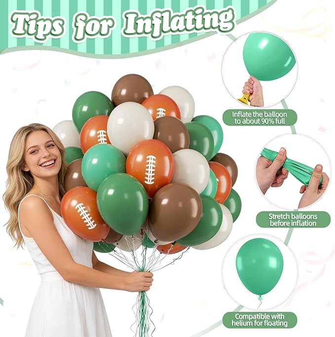 FunHot Football Balloons, 50 Pcs Green Brown Balloon, 12 Inch Ivory Retro Green Football Printed Latex Balloons for Boy Baby Shower Men Birthday Rugby Game Sport Themed Party Decorations