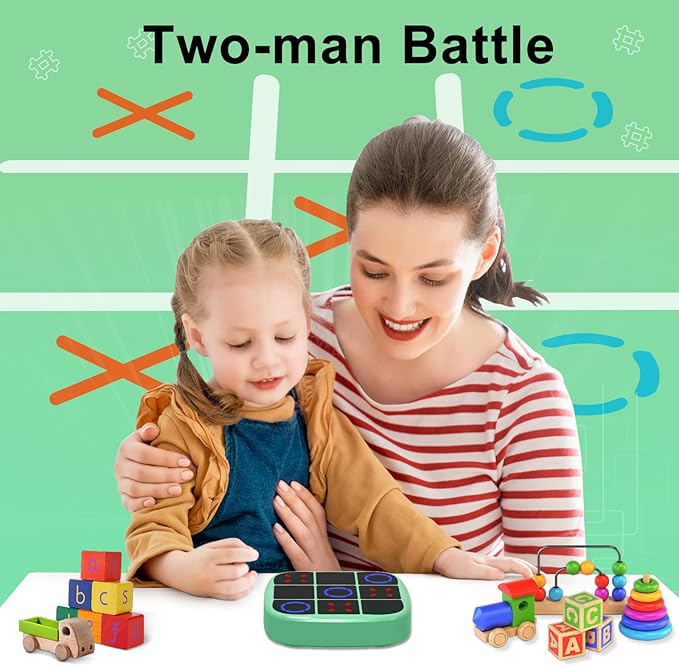 Tic-Tac-Toe Bolt Game, 4-in-1 Handheld Puzzle Games Console, Electronic Tic-Tac-Toe Game for Educational and Memory Growth, Portable Travel Games for Car Ride, Board Games for Kids and Adults (Cyan)