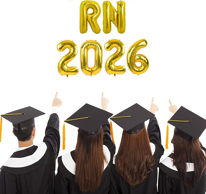 TONIFUL 2026 Nurse Graduation Decorations Gold RN 2026 Balloons 16 Inch RN 2026 Graduation Balloons Class of 2026 Registered Nurse Balloons Decorations 2026 Nursing Graduation Party Supplies