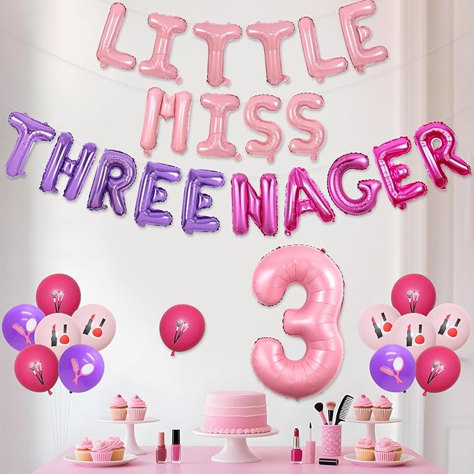 Little Miss Threenager Birthday Decorations Little Miss Threenager Balloon Banner Spa Theme Number 3 Balloons Makeup 3rd Party Supplies for Girls 3rd Birthday for Beauty Salon Bday