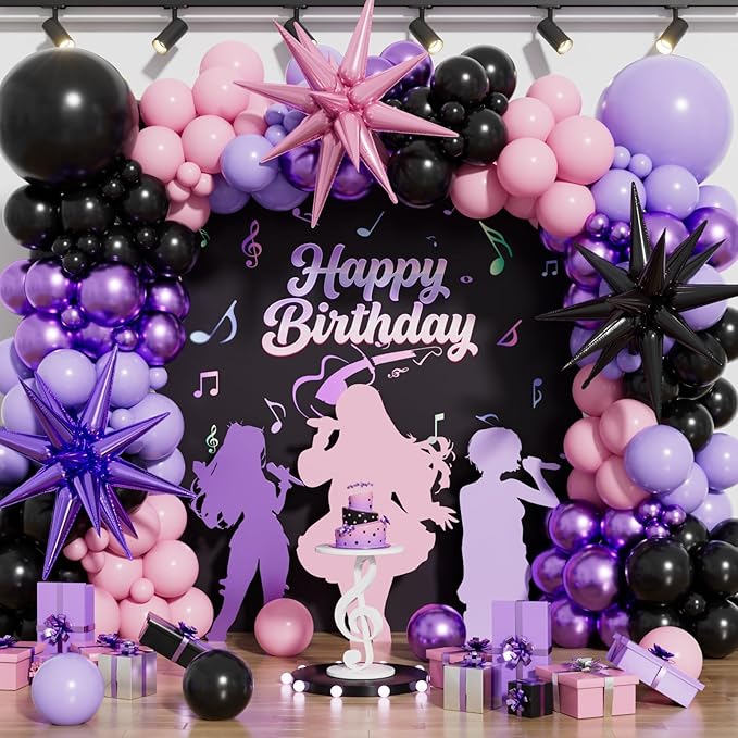 Pink and Purple Balloon Arch Garland Kit, 109PCS Pink Purple Black Balloons with Starburst Foil Balloons, Trendy Music Birthday Decorations for Girls and Teens, Concert and Movie Fans Party Supplies