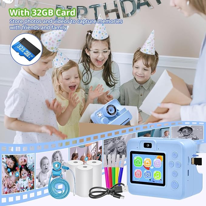 Kids Camera Instant Print, Christmas Birthday Gifts for Kids Age 3-12, Selfie Digital Camera with 1080P Videos,Toddler Portable Travel Camera Toy for 4 5 6 7 8 9 Year Old Boys (Blue)