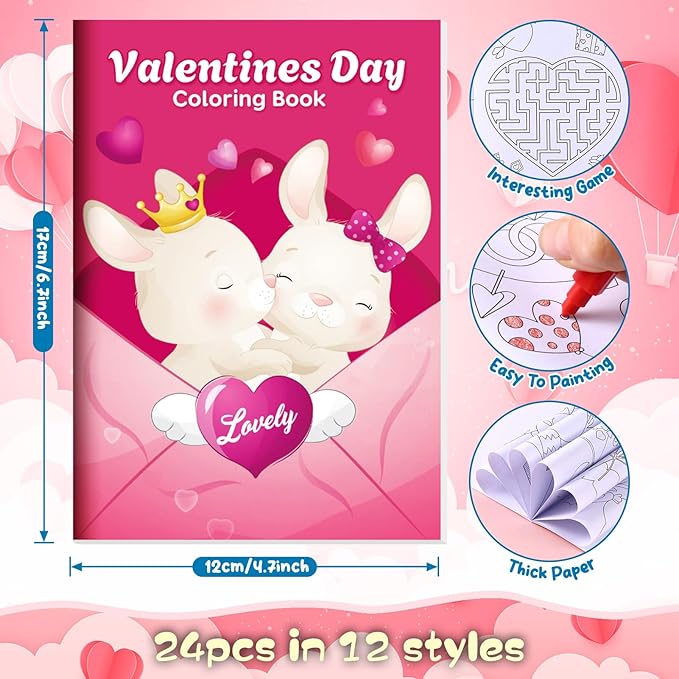 BenLouis 24 Pcs Valentines Day Mini Coloring Books Kids Valentine School Party Favors Small Activity Books Bulk for Kids Valentine's Day Goodie Bags Stuffers Return Gifts Classroom Travel