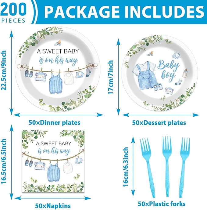 200Pcs Greenery Baby Shower Plates and Napkins Decoration Watercolor Blue Party Tableware Dinnerware Set A Sweet Boy Is On His Way Paper Plates for Baby Boy Gender Reveal Party Supplies Serve 50