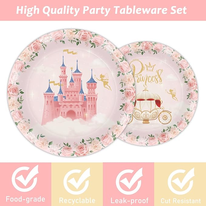 96 Pcs Princess Party Supplies - Pink Floral Tableware Set With Plates and Napkins for Girls Birthday Baby Shower - Decorations and Favors Serving 24