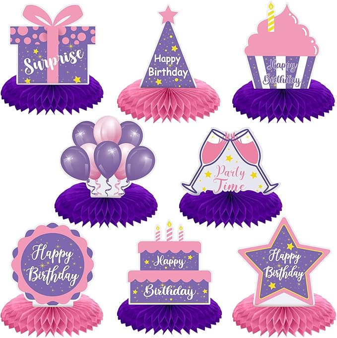 Yexiya 8 Pcs Pink and Purple Birthday Centerpiece Table Decoration, Happy Birthday Honeycomb Centerpieces Honeycomb Table Toppers for Men Women Party Supplies