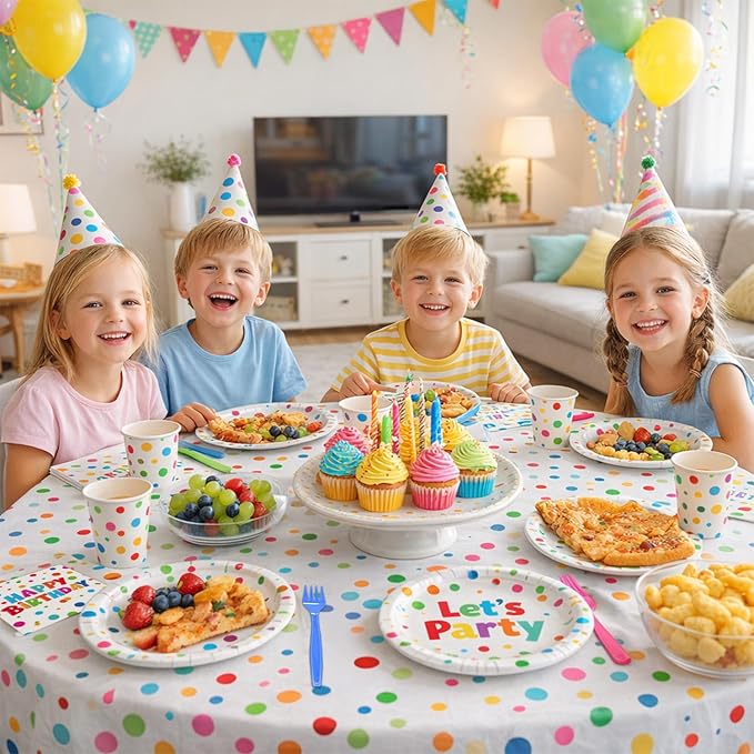 96 Pcs Happy Birthday Paper Plates Tableware Set (Serves 24), Birthday Dots Dots Design Supplies Set Include Plates Napkins Forks for Party