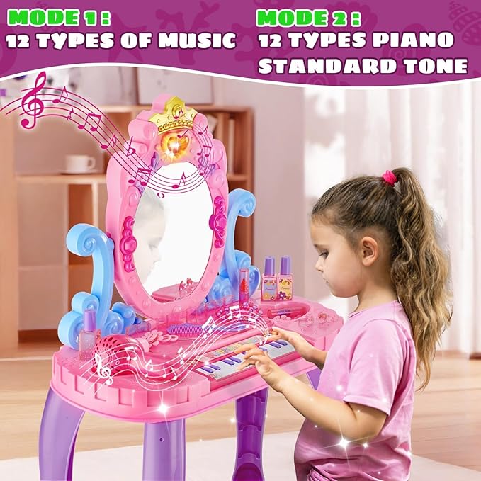 Vanity Makeup Table Toy for Kids, Toddler Girl Pretend Play Makeup Accessories- Princess Dress Up Set, Music Piano & Lights, Adjustable Mirror, Hairdryer, Mermaid Table & Chair Kit, Birthday Gift