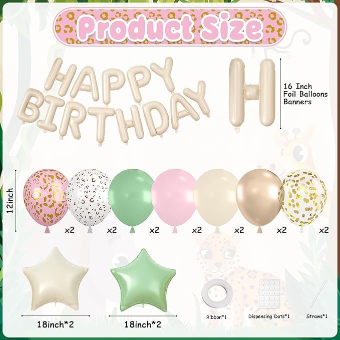 29PC Cream Pink Leopard Happy Birthday Balloon Banner, 16Inch 3D Aluminum Letter Banner Sign, White Pink Cheetah Printed Balloons 18 Inch Green Star Foil Balloon for Forest Party Decorations